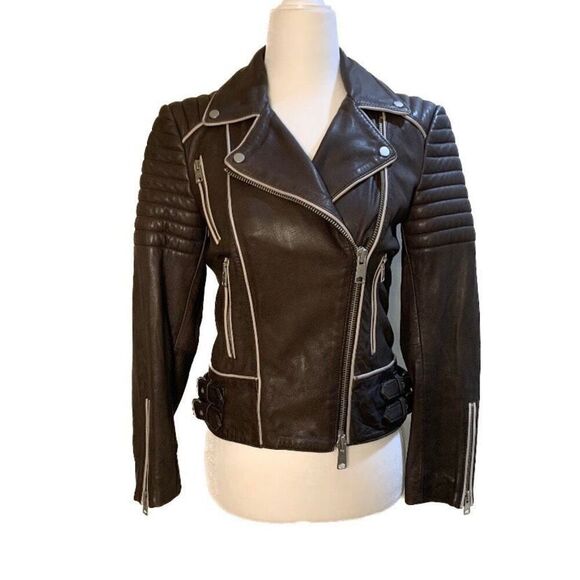 AllSaints Bixer Piped Biker Jacket Lamb Leather US 2 EU 34 UK 6 Women’s XS - Picture 1 of 10